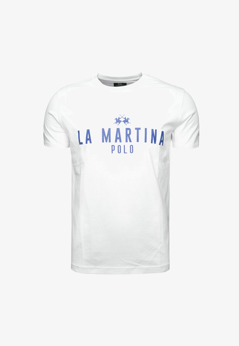 Bílý krátký rukávový tričko z bavlny s modrým logem "LA MARTINA" a motivem polo, pod kterým je modré slovo "POLO".