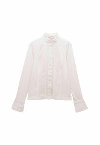 Weißes Langarmhemd mit hohem Kragen, mit einer Knopfleiste und zarten Spitzenverzierungen entlang der Mitte. Glatte Baumwolltextur.