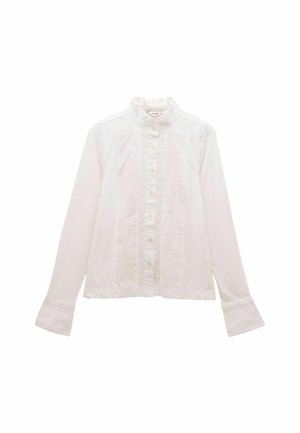 Weißes Langarmhemd mit hohem Kragen, mit einer Knopfleiste und zarten Spitzenverzierungen entlang der Mitte. Glatte Baumwolltextur.
