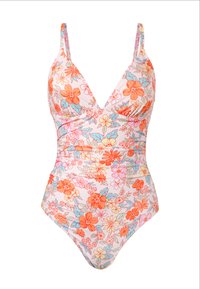 Eén stuk badpak met een bloemenontwerp met oranje en blauwe bloemen op een lichtroze achtergrond. V-hals en verstelbare bandjes.