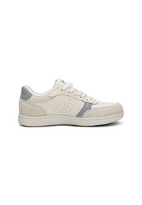 White sneaker with light blue accents, made of smooth leather and suede. Features perforated detailing and a textured heel. Rounded toe style.