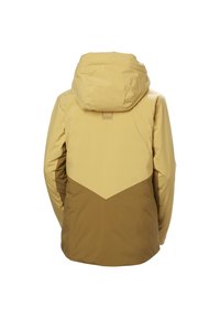 Hellgelbe und braune wasserdichte Jacke mit Kapuze, die auf der Rückseite ein Chevron-Muster und ein Logo-Detail am Halsbereich aufweist.