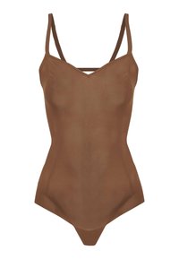 Bruine bodysuit met een aansluitend ontwerp, voorzien van dunne bandjes, een V-halslijn en een subtiele ribbelstructuur. Minimalistische stijl zonder extra accenten.
