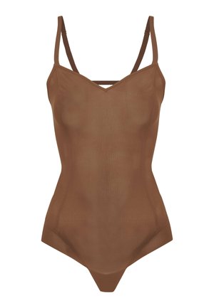 Bruine bodysuit met een aansluitend ontwerp, voorzien van dunne bandjes, een V-halslijn en een subtiele ribbelstructuur. Minimalistische stijl zonder extra accenten.