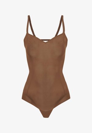 Brauner Body mit einer taillierten Passform, dünnen Trägern, einem V-Ausschnitt und einer dezenten Rippstruktur. Minimalistischer Stil ohne zusätzliche Akzente.