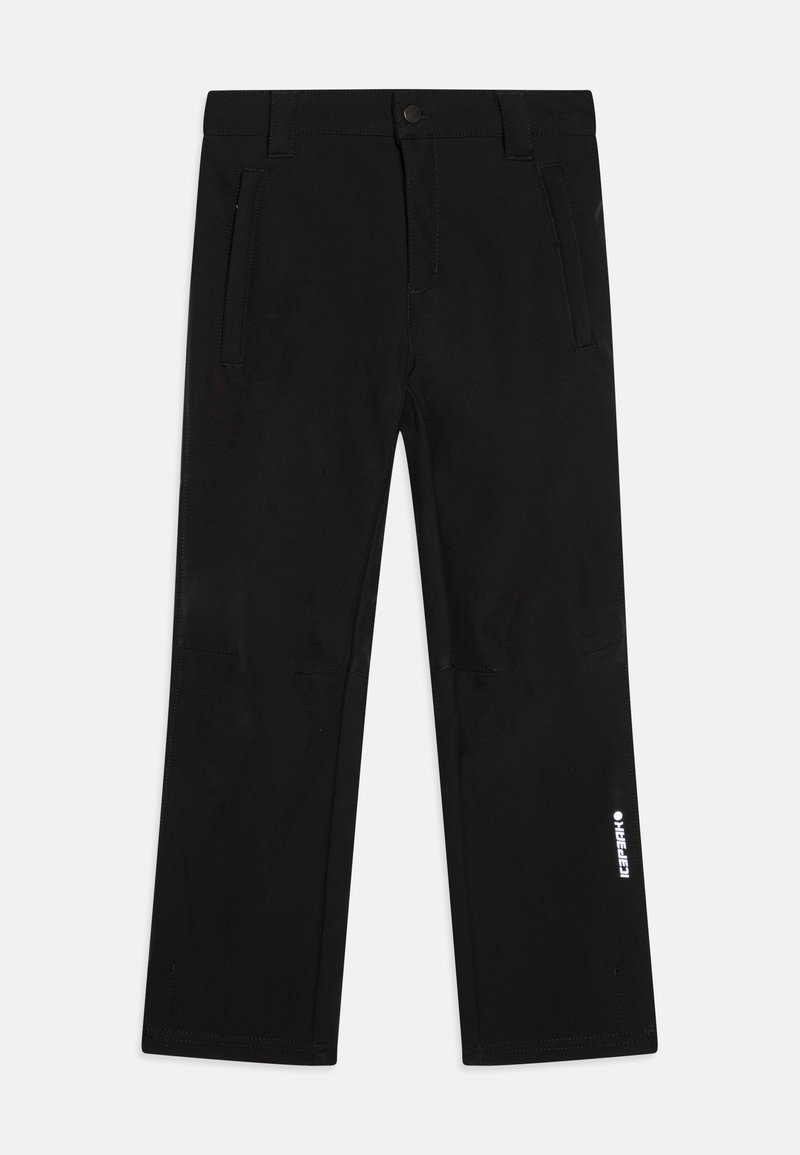 Black pants made of a smooth, durable fabric. Features include two front pockets, a button closure, and reflective branding on the side.