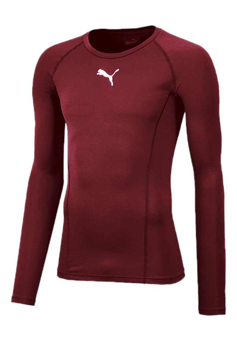 Langmouw atletische T-shirt in bordeaux, gemaakt van gladde, rekbare stof met een witte Puma-logo op de borst en platgestikte naden.