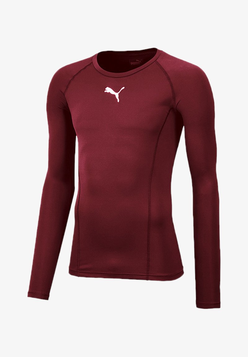 Langmouw atletische T-shirt in bordeaux, gemaakt van gladde, rekbare stof met een witte Puma-logo op de borst en platgestikte naden.