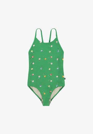 Green one-piece swimsuit with thin straps, featuring a floral embroidery pattern in various colors against a solid green background.
