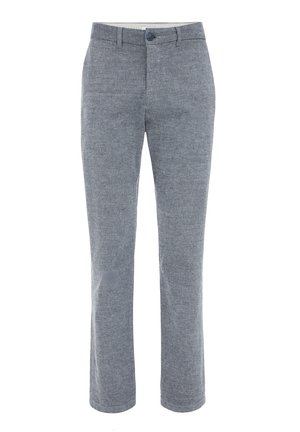 Pantaloni gri dintr-un material texturat. Au închidere cu nasture și un design cu picior drept. Fără buzunare vizibile sau modele notabile.