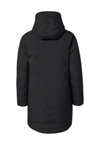 Parka nera isolata con cappuccio, caratterizzata da una finitura liscia e opaca e da una silhouette dritta, che arriva fino a metà coscia.