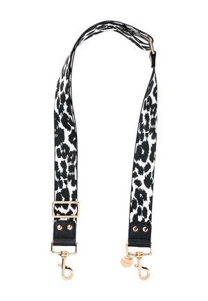 Bandoulière de sac réglable imprimée léopard noir et blanc avec boucles et ferrures métalliques dorées aux deux extrémités.
