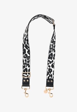 Correa ajustable para bolso con estampado de leopardo en blanco y negro, con hebillas y herrajes metálicos dorados en ambos extremos.