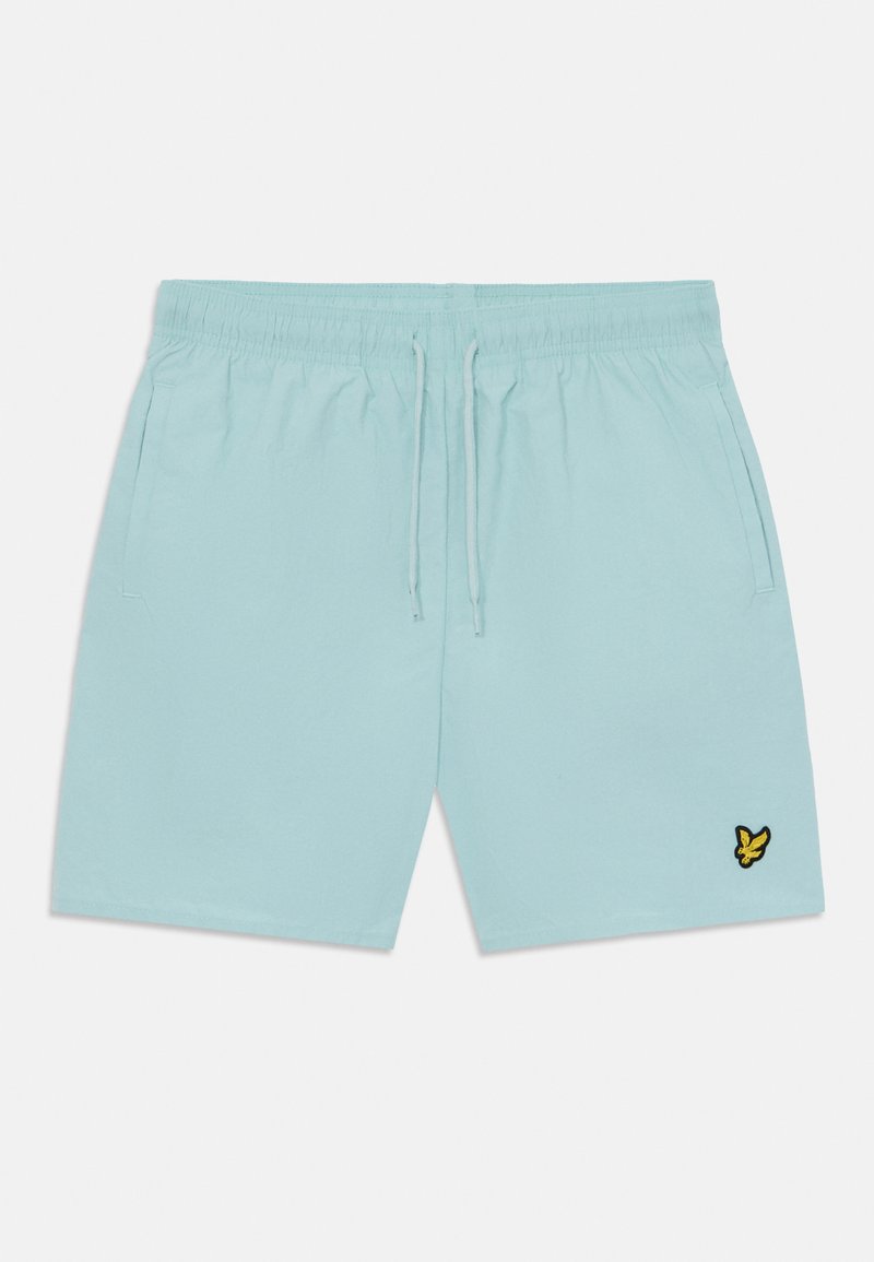 Šviesiai mėlyni šortai, pagaminti iš minkštos medvilnės, su elastinga juosta ir raišteliu, ant kairiojo šlaunies siuvinėtas juodas logotipas.