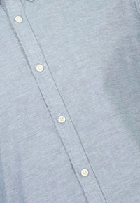 Camisa azul-claro abotoada, confeccionada em tecido suave, com botões brancos e textura subtil, apresentando costura visível ao longo da pala.