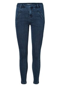 Jeans ajustados de denim azul oscuro. Las características incluyen una cintura alta, dos bolsillos frontales en ángulo y una textura suave. Sin embellishments visibles.