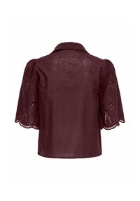 Blouse bordeaux foncé avec manches courtes bouffantes comprenant une broderie florale découpée et des bords festonnés, vue de dos.