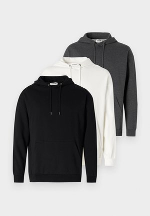 Three hooded sweatshirts stacked: black, white, and gray. Made of cotton, featuring a front pocket, drawstrings, and ribbed cuffs.