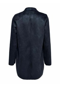 Marinblå mockakappa med en slät yta, långa ärmar, en enkel krage och rak skärning. Ren baktill utan synliga knäppningar.