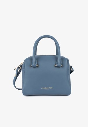 Sac à main en cuir bleu avec double poignée, bandoulière amovible et logo doré "Lancaster Paris" à l'avant.
