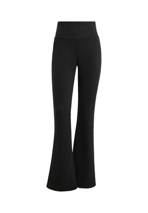 Czarne spódnice dzwony wykonane z elastycznego materiału, z wysokim stanem i gładkim wykończeniem, lekko rozszerzające się na dole.