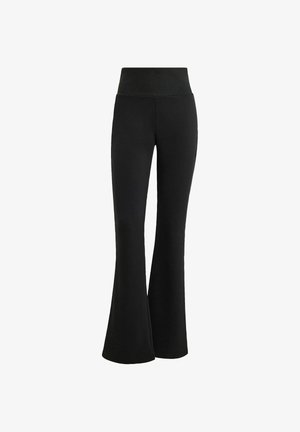 Czarne spódnice dzwony wykonane z elastycznego materiału, z wysokim stanem i gładkim wykończeniem, lekko rozszerzające się na dole.