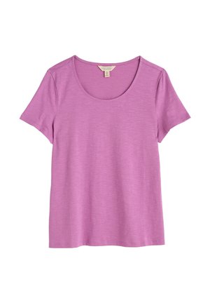 Tricou cu mânecă scurtă de culoare mov deschis, cu decolteu rotund, textură netedă din bumbac și croială lejeră. Fără modele sau detalii metalice.