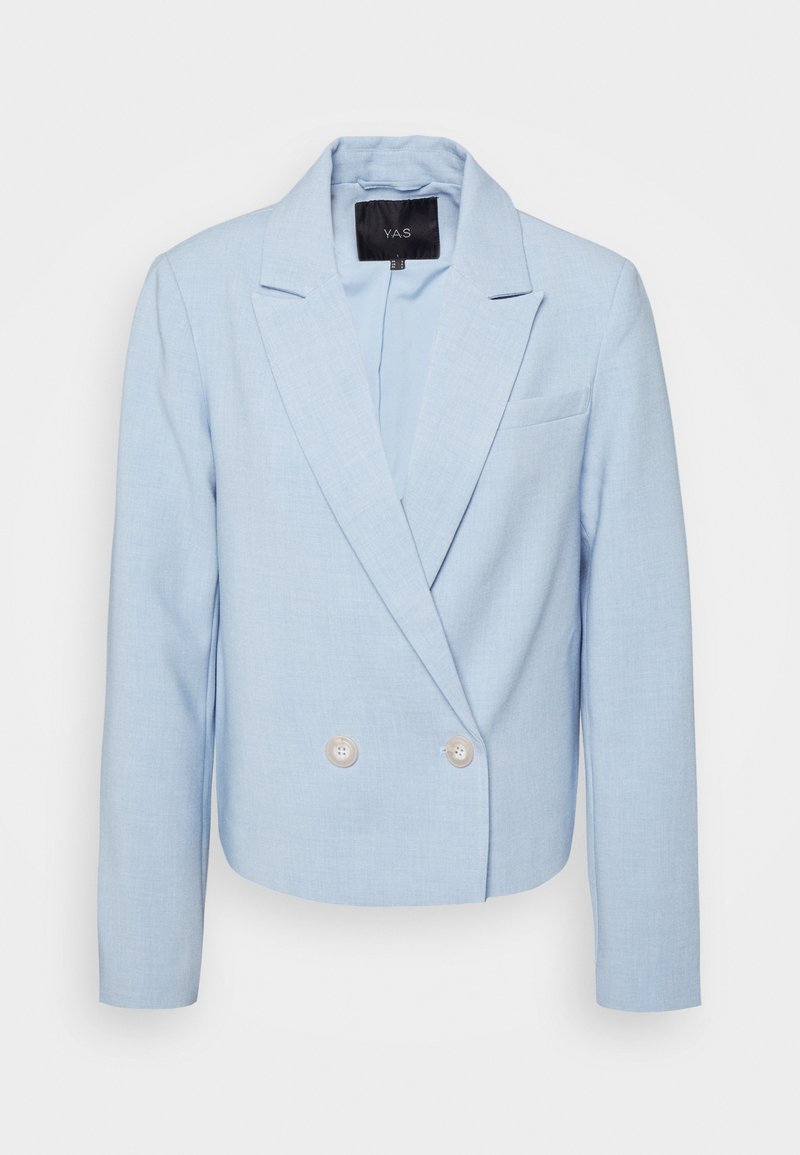 Blazer bleu clair croisé avec revers crantés, deux boutons, manches longues et petite poche poitrine, de la marque Y.A.S.