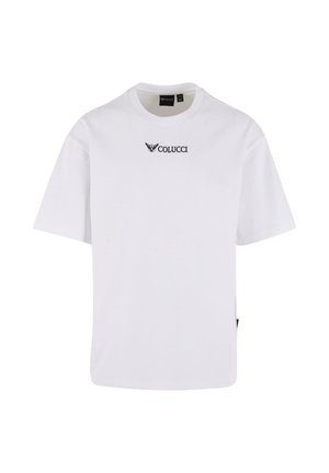 Weißes T-Shirt mit kurzen Ärmeln, schwarzen Colucci-Logo und kleinem Adler-Graphic zentriert auf der Brust.