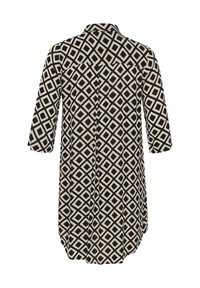 Langärmeliges Kleid mit einem schwarz-weißen Rautenmuster, Knopfverschluss, Kragen und gewelltem Saum für eine lockere Passform.