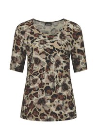 T-shirt à manches courtes pour femmes en tissu tissé beige, présentant un motif floral et léopard dans des nuances de marron, gris et noir.