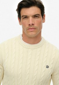 Suéter de punto cable crema con cuello acanalado, que presenta un logo bordado en el lado izquierdo del pecho. Textura suave, corte regular.