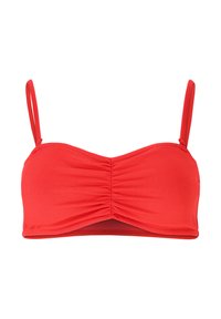 Top bikini rosso in tessuto a coste. Presenta un centro arricciato, spalline regolabili e un design a bandeau. Texture liscia e colore brillante.