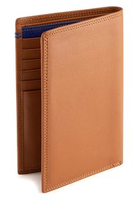 Portafoglio in pelle marrone chiaro con più scomparti per carte, texture liscia e cuciture interne blu a contrasto. Design chiuso con angoli arrotondati.