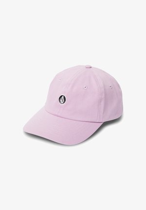 Cappellino da baseball in cotone di colore viola chiaro con visiera curva, caratterizzato da un logo ricamato nero sulla parte anteriore e occhielli di ventilazione sulla sommità.