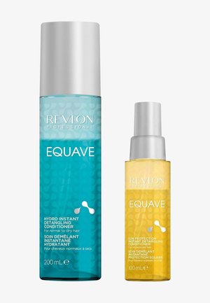 Deux flacons de revitalisant Revlon Professional Equave, un bleu 200 ml Hydro Instant Detangling et un jaune 100 ml Sun Protection Instant Detangling.