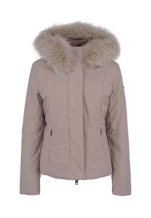 Giacca invernale beige con cappuccio foderato in pelliccia, chiusura frontale con cerniera, due tasche laterali e una texture liscia e imbottita. Presenta dettagli di cuciture sottili.