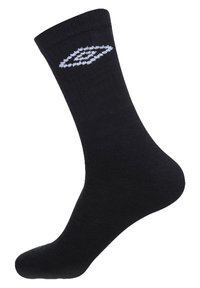 Chaussette noire en matériau doux, avec un design de logo en forme de diamant blanc. Elle a une texture lisse et une forme de chaussette typique.