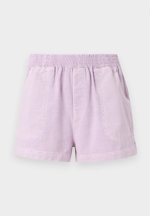 Lilac shorts made from lightweight fabric with an elastic waistband, featuring two front pockets and a relaxed fit.