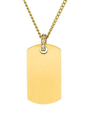 Goldener Hundemarken-Anhänger mit glatter Oberfläche, befestigt an einer Schlaufe, die mit vier kleinen Diamanten verziert ist.