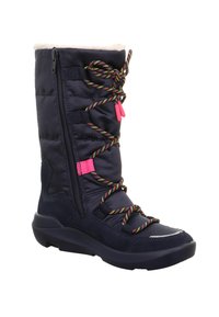 Marineblau wasserdichte Stiefel mit gestepptem Stoff und Fellfutter, ausgestattet mit mehrfarbigen Schnürsenkeln, seitlichem Reißverschluss und strukturierten Gummisohlen.