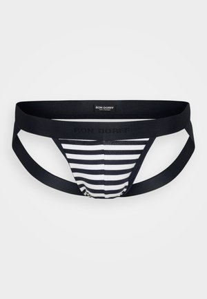 String noir et blanc rayé pour homme avec une ceinture et des bretelles noires unies, présentant un logo sur la ceinture.