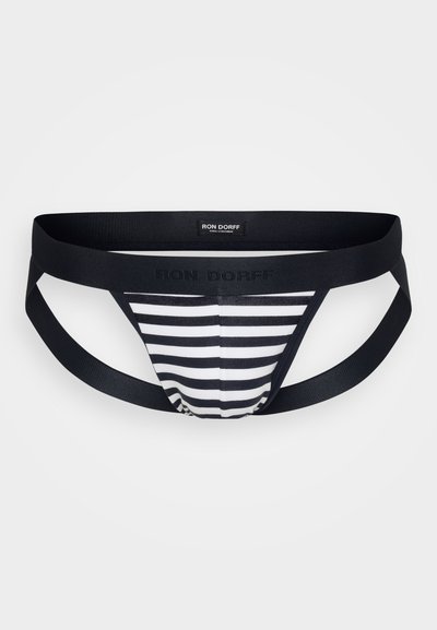 String noir et blanc rayé pour homme avec une ceinture et des bretelles noires unies, présentant un logo sur la ceinture.