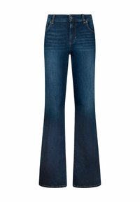 Vaqueros acampanados de color azul oscuro, hechos de denim, con cierre de botón, bolsillos frontales y una textura suave con patrones de degradado sutil.