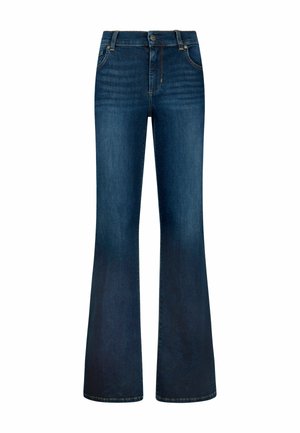 Jeans svasati blu scuro in denim, dotati di chiusura con bottoni, tasche anteriori e una texture liscia con sottili pattern di scolorimento.