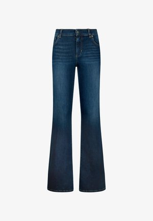 Temno modri razširjeni jeans hlače iz denima, z gumbom za zapiranje, sprednjimi žepi in gladko teksturo z diskretnimi vzorci bledenja.
