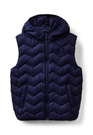 Marineblaue, gesteppte, ärmellose Steppweste mit durchgehendem Reißverschluss vorne, Kapuze, zwei Taschen und kleinem, gesticktem Logo auf der Brust.