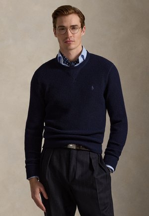 WAFFLE-KNIT WOOL-COTTON SWEATER - Camisola - hunter navy