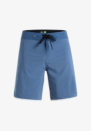 Blaue Badshorts mit strukturierten Oberflächen, die ein Karomuster aufweisen, mit schwarzem Kordelzug und weißem Saum.