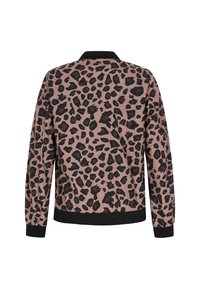 Jachetă cu imprimeu de leopard, cu bază roz, pete negre, manșete elastice și tiv. Proiectată pentru o croială lejeră, cu guler din tricot.